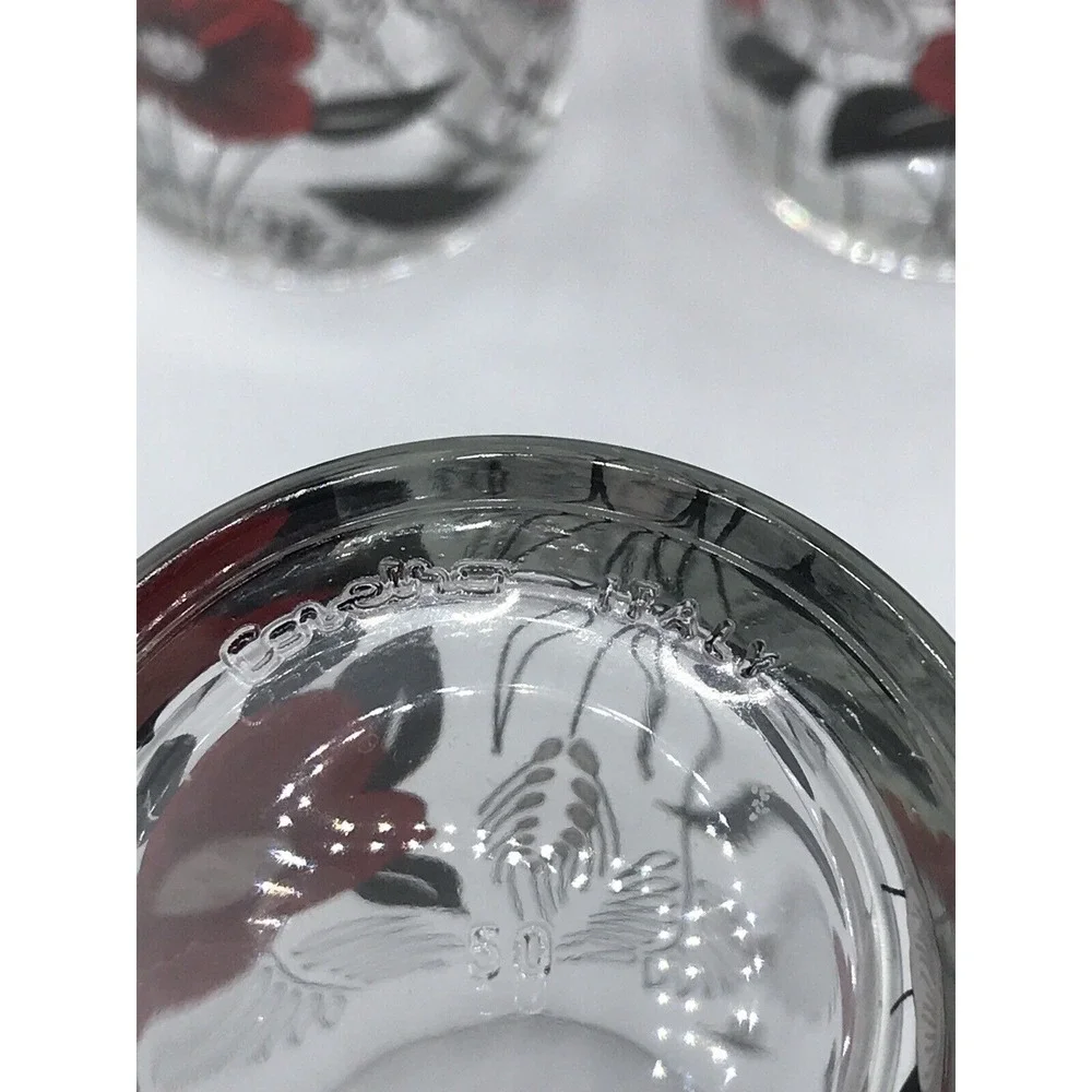 Cerve Glass Juice Pitcher‎ &6 Glasses Black/Red &white  Flowers Made in Italy